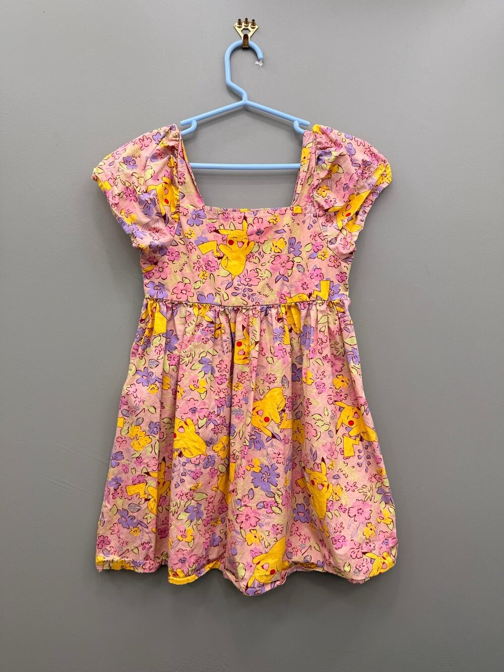 Pokemon Pikachu Floral Dress Girls M 8 Pink Smocked Puff Sleeve 100% Cotton